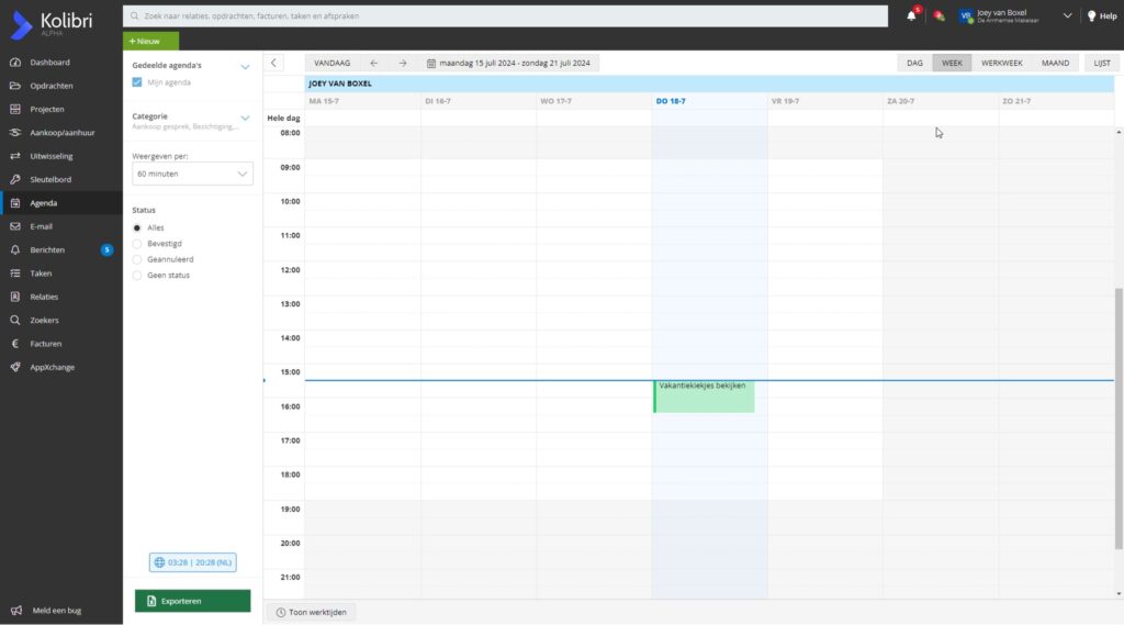 Tijdzone agenda Kolibri software voor makelaars