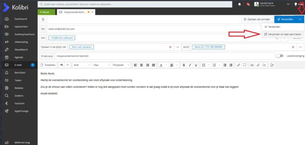 Taak aanmaken in Kolibri Mail